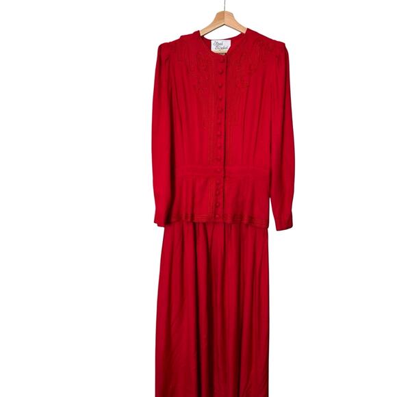 Vtg Sarah Elizabeth Red Embroidered Peplum Puff Sleeve Maxi Dress 14 Holiday - Picture 2 of 7